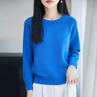 跨境极简风圆领纯棉线针织衫女宽松休闲长袖毛衣氛围感打底衫蓝色