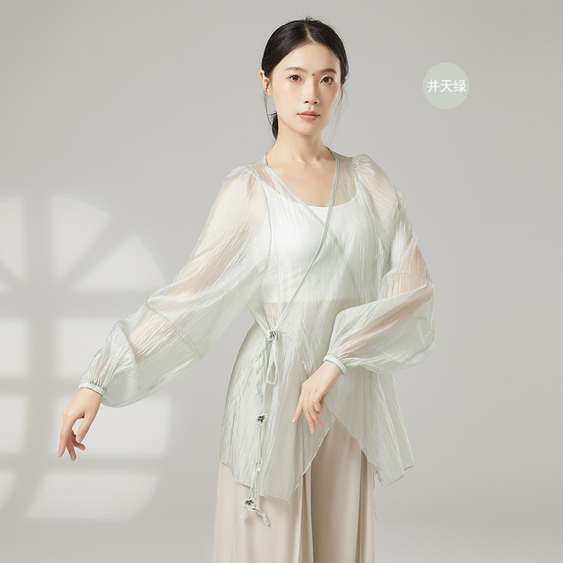 クラシックダンス服、エレガントな長袖女性用夏用薄手ガーゼブラウス、中国モダンダンス練習着トップス|undefined