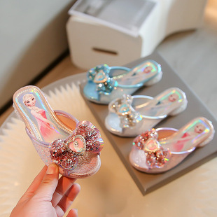 Girls' Summer New Sandals, Elsa Princess Shoes with Bow, Big Kids' Non-Slip Slip-On Sandals for Girls