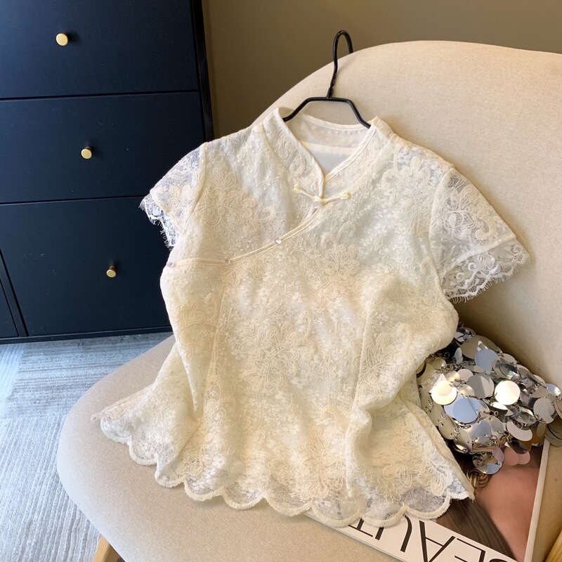 Real Shot~New Chinese Style National Style Hook Lace Shirt for Women Summer Buttoned Flying Sleeve Shirt Improved Cheongsam Collar Top Real Shot~New Chinese Style National Style Hook Lace Shirt for Women Summer Buttoned Flying Sleeve Shirt Improved Cheongsam Collar Top