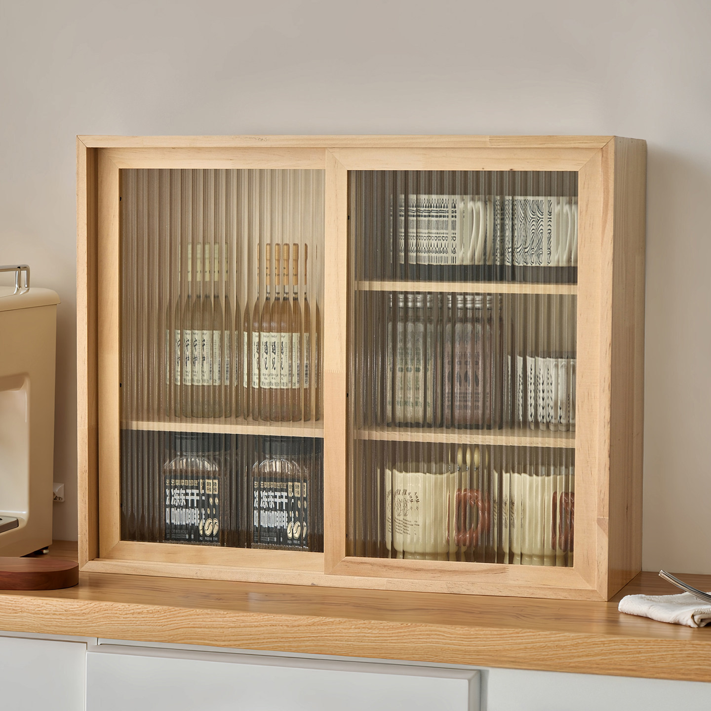 Solid Wood Desktop Storage Box Dust-Proof Tea Set Water Cup Coffee Cup Countertop Large Capacity Tea Storage Display Cabinet Organizer