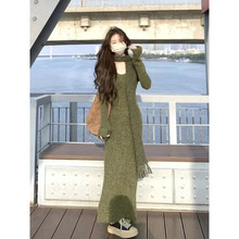 新森屿苔痕 双色围巾毛衣裙针织连衣裙 7845