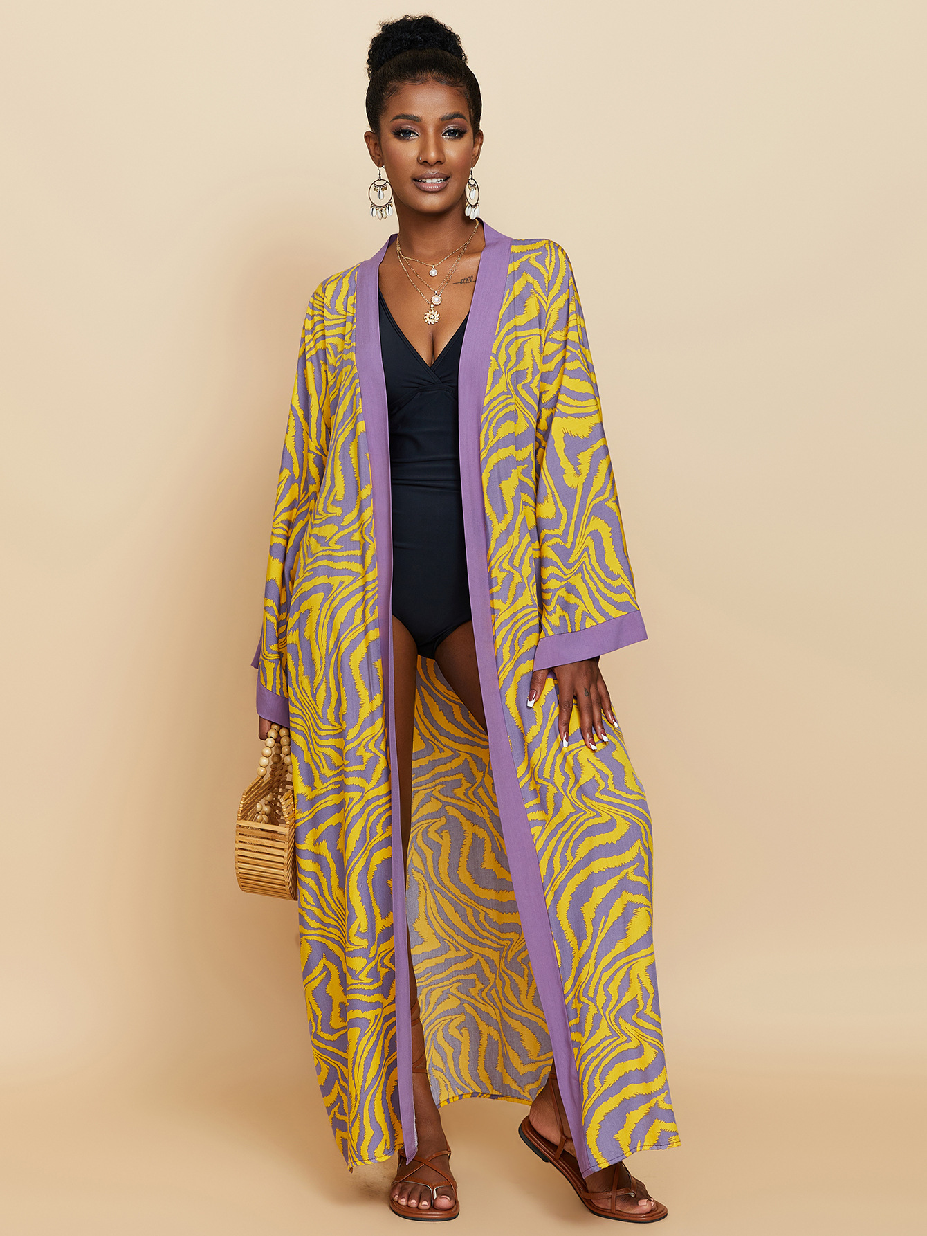 Women's Flowy Cover Up Kimono Beach Dress With Exotic Prints Lightweight Linen Feel Fabric For Pool, Vacation, Boho Outfit_ecoleips.com