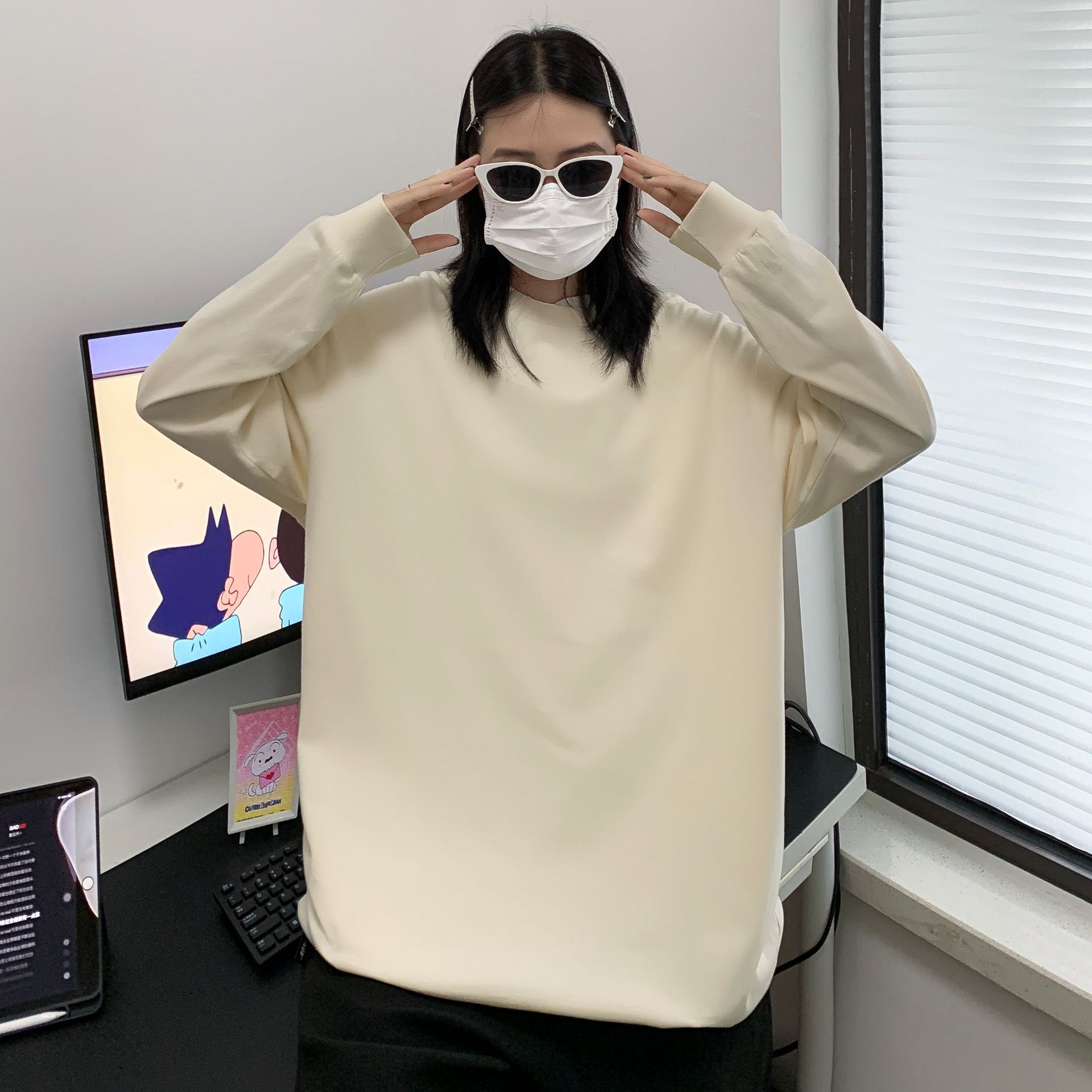 230g pesado algodón camiseta de manga larga mujer suelta coreana camiseta de fondo de color sólido estudiantes suéter al por mayor