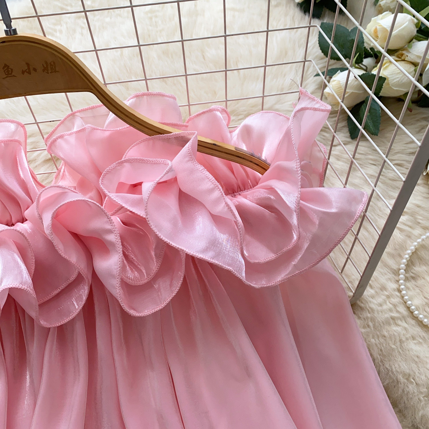 Sweet Off-Shoulder Chiffon Blouse Ruffled Trim Korean Style Long Sleeves Loose Fit Slimming Pink Elegant Top for Summer Women's Clothing_ecoleips.com