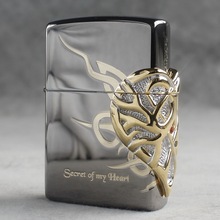 ZIPPO防风煤油打火机韩版黑冰镶红宝石立体贴章心愿爱心ZBT-1-31C