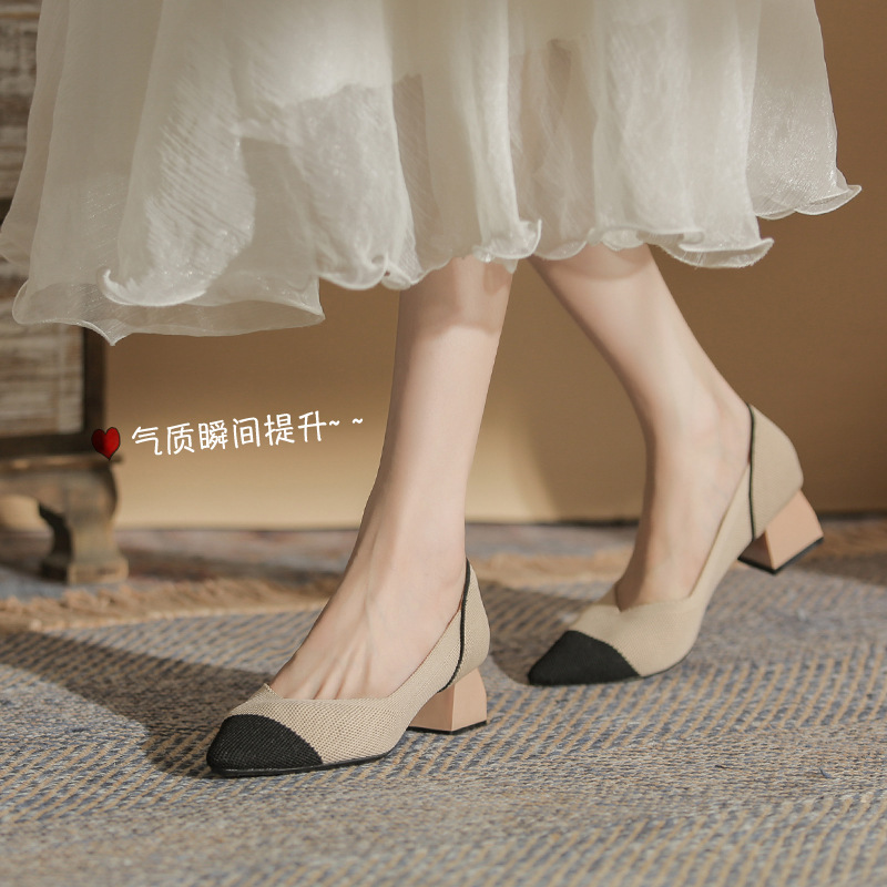 Knitted Shoes for Women 2026 New Versatile Princess Shoes with Chunky Heels, Pointed Toe, Shallow Mouth, Spring and Autumn Knit Woven Shoes