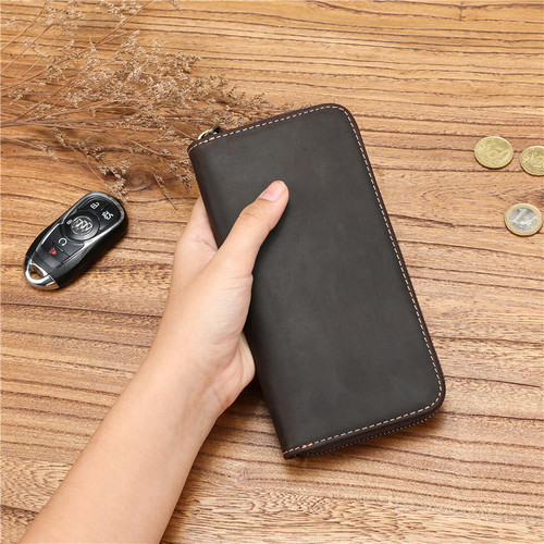 Retro Crazy Horse Leather Men's Wallet First Layer Cowhide Large Capacity Handbag Genuine Leather Long Wallet Zipper Handmade Wallet