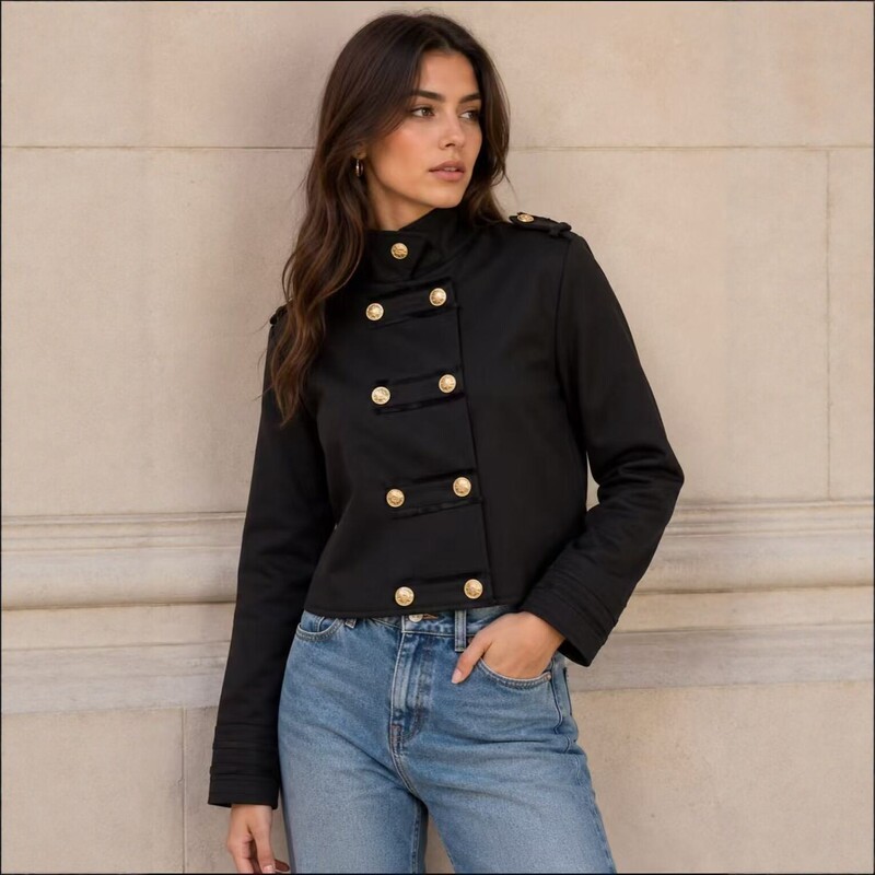 In Stock - New European and American Cross-Border Style Women's Short Double-Breasted High-Neck Jacket, Fashionable Slim-Fit Long-Sleeve Military-Style Outerwear In Stock - New European and American Cross-Border Style Women's Short Double-Breasted High-Neck Jacket, Fashionable Slim-Fit Long-Sleeve Military-Style Outerwear