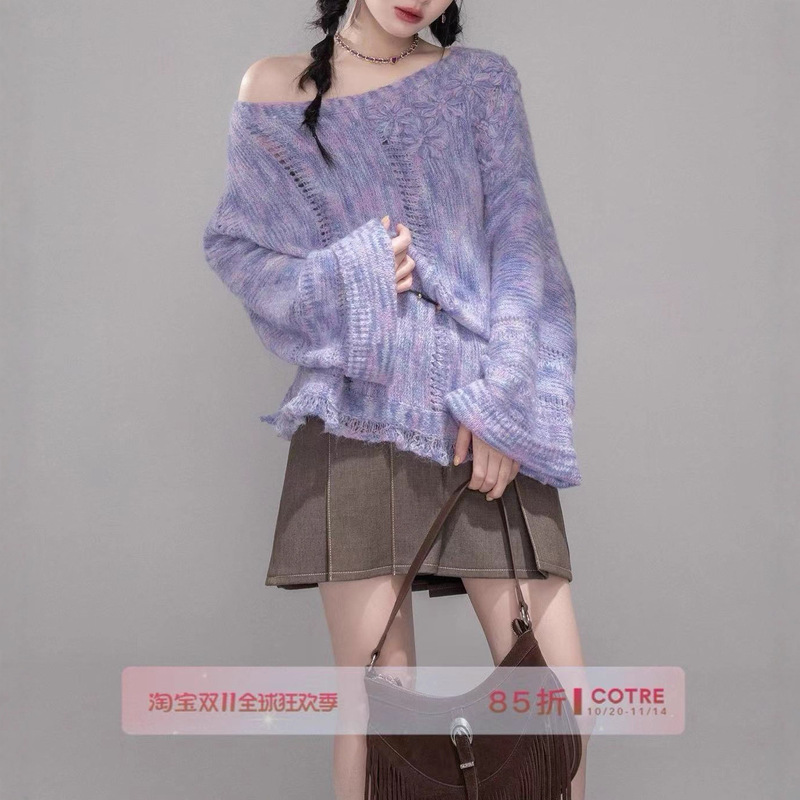 Cotre Oil Painting Color Monet Fog Purple Handmade Small Flower Clip Wool Pullover