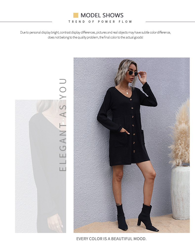 Abito maglione a maniche lunghe ampio con bottoni neri con tasca corta_voghion.com