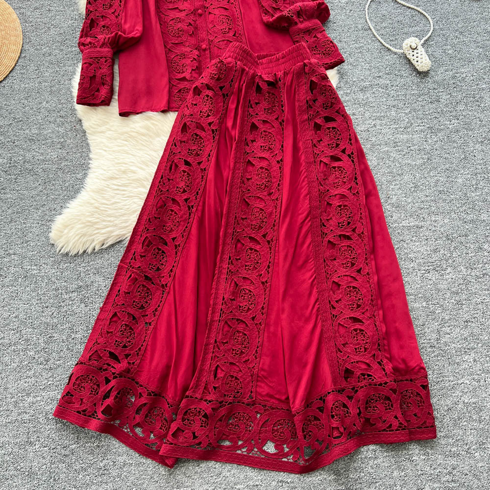 Elegante completo da donna in stile corte, composto da due pezzi, camicetta a maniche lunghe con bordi in pizzo e gonna a vita alta. Versatile tavolozza di colori._voghion.com