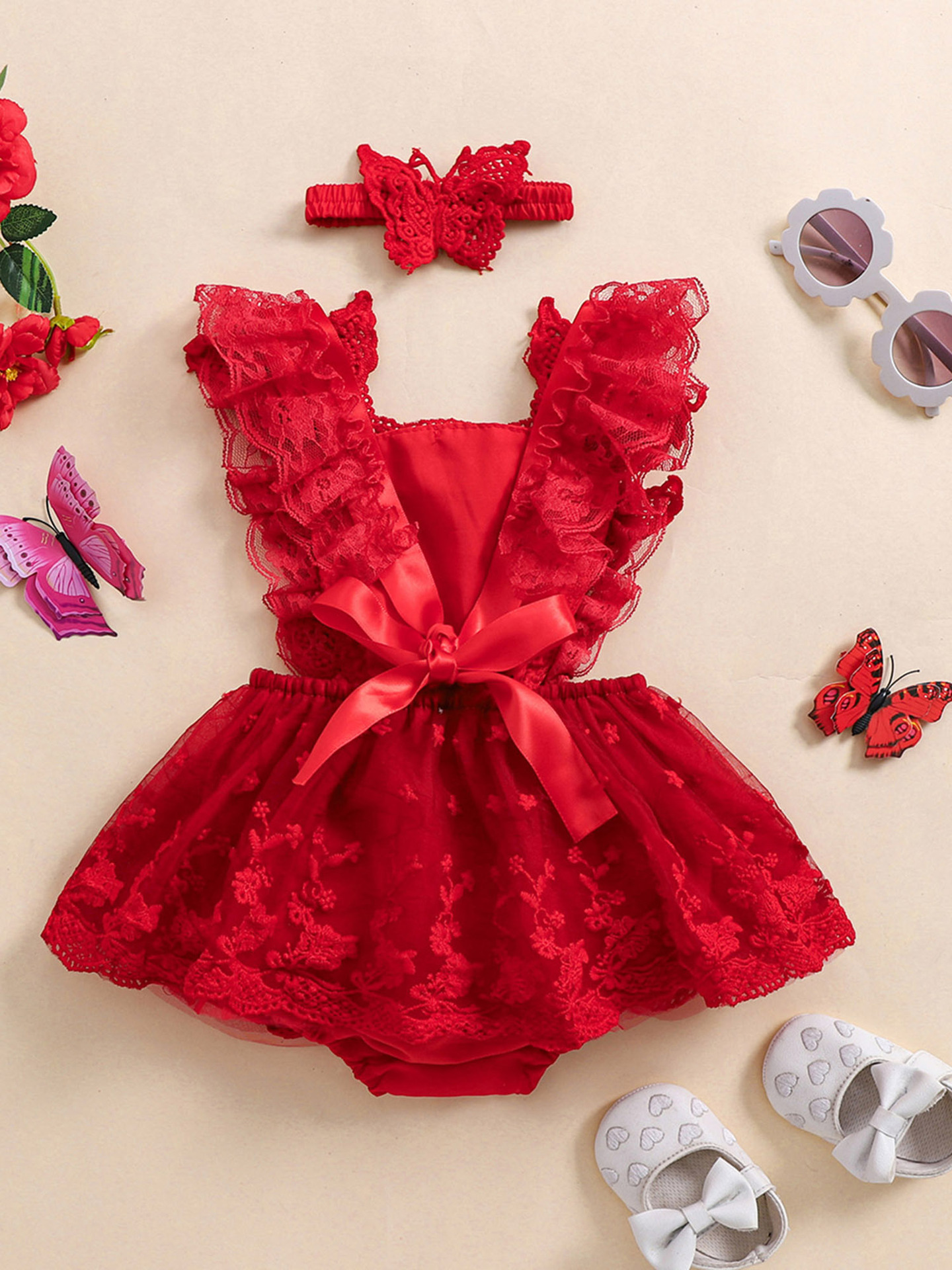 0.0 78.74ft Baby Girls Rompers Dress Lace Butterfly Fly Transfronterizo