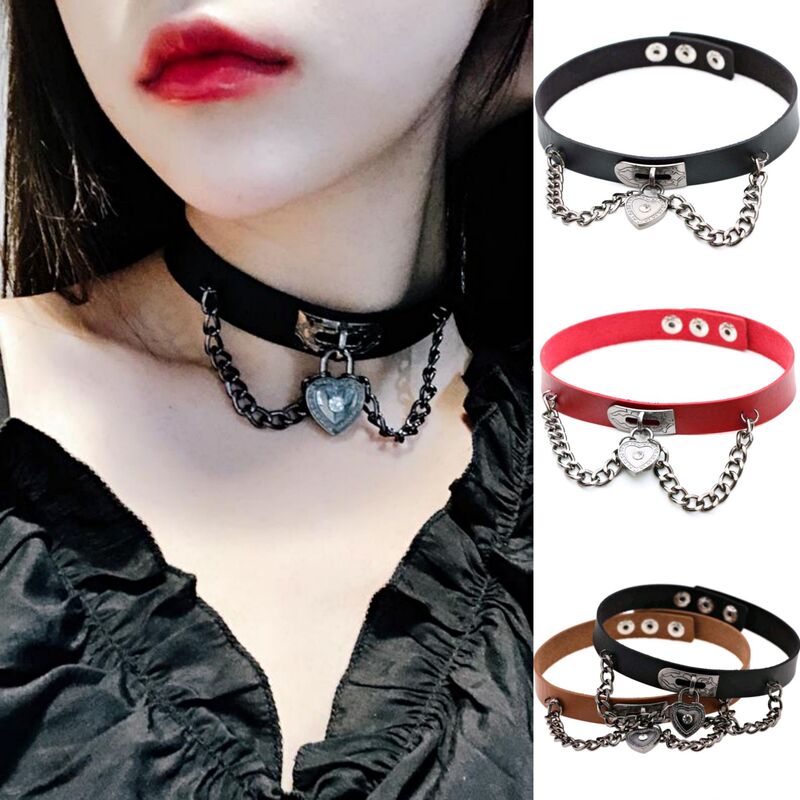 European and American Dark Girl Punk Cool Metal Chain chocker Collar Peach Love Lock Pendant Puleather Neck Chain