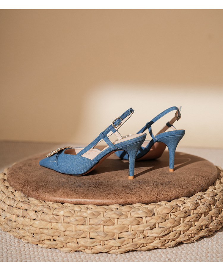 7755-5 Denim Blue Style Belt Buckle Closed Sandals Front Open Back Thin Heel High Heels Commuting_voghion.com