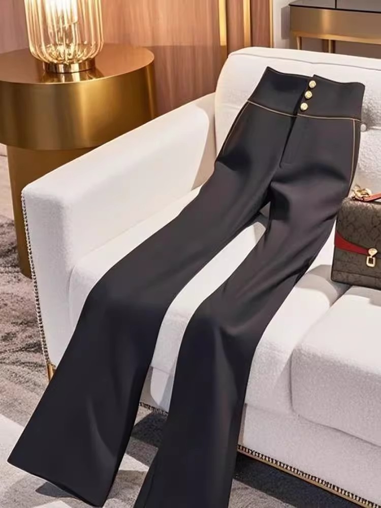 Black Women's High-waisted Straight Leg Trousers Flared Design_voghion.com