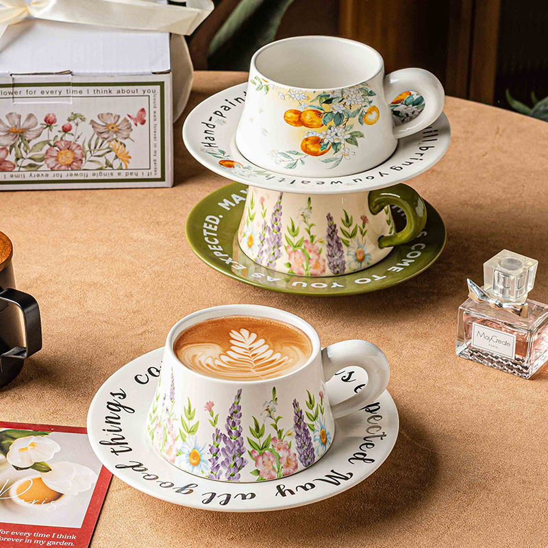 2025 Manufacturer Designer Collaboration Original Retro Watercolor Style Fashion Ceramic Coffee Cup and Saucer Dessert Plate