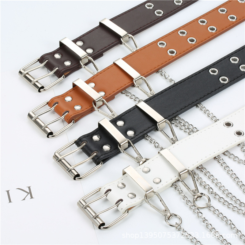 新款朋克风腰带女韩版牛仔裤时尚挂链装饰宽皮带双排气眼自产自销