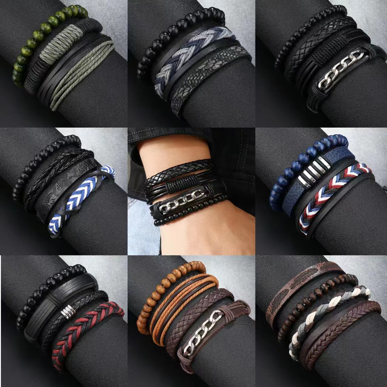 Cross-Border Hot-Selling Retro Style Men's Bracelet Set, Hand-Woven Rope Bracelet 4-Piece Set Combination Set