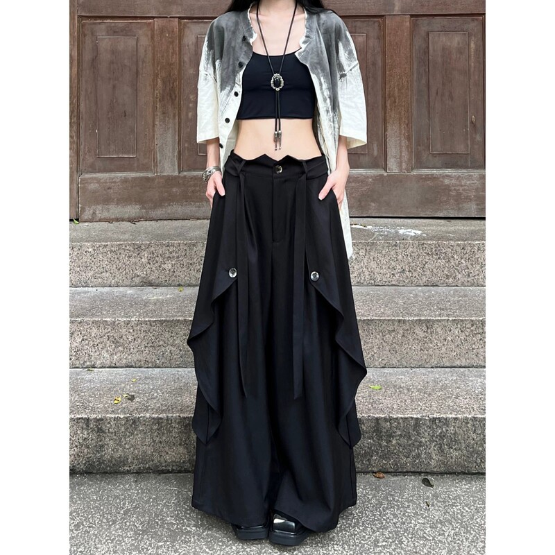 Black Culottes for Women, Spring and Summer, Unisex Style, High-Waisted, Original Design, Niche Wide-Leg Cropped Skirt Pants