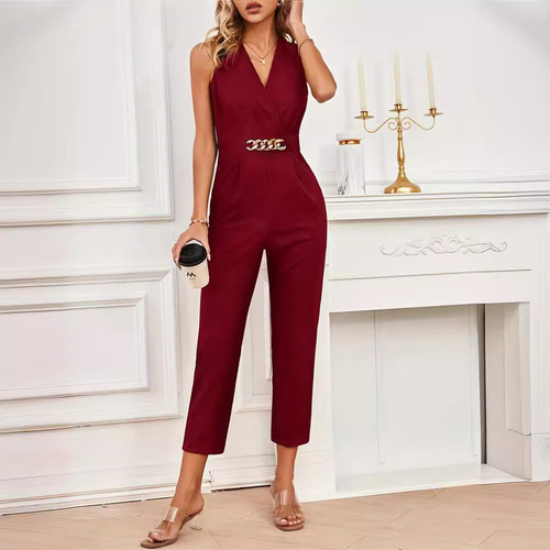 Elegant cross-neck golden chain belt solid color commuting mini sleeveless casual one-piece pants women's pants