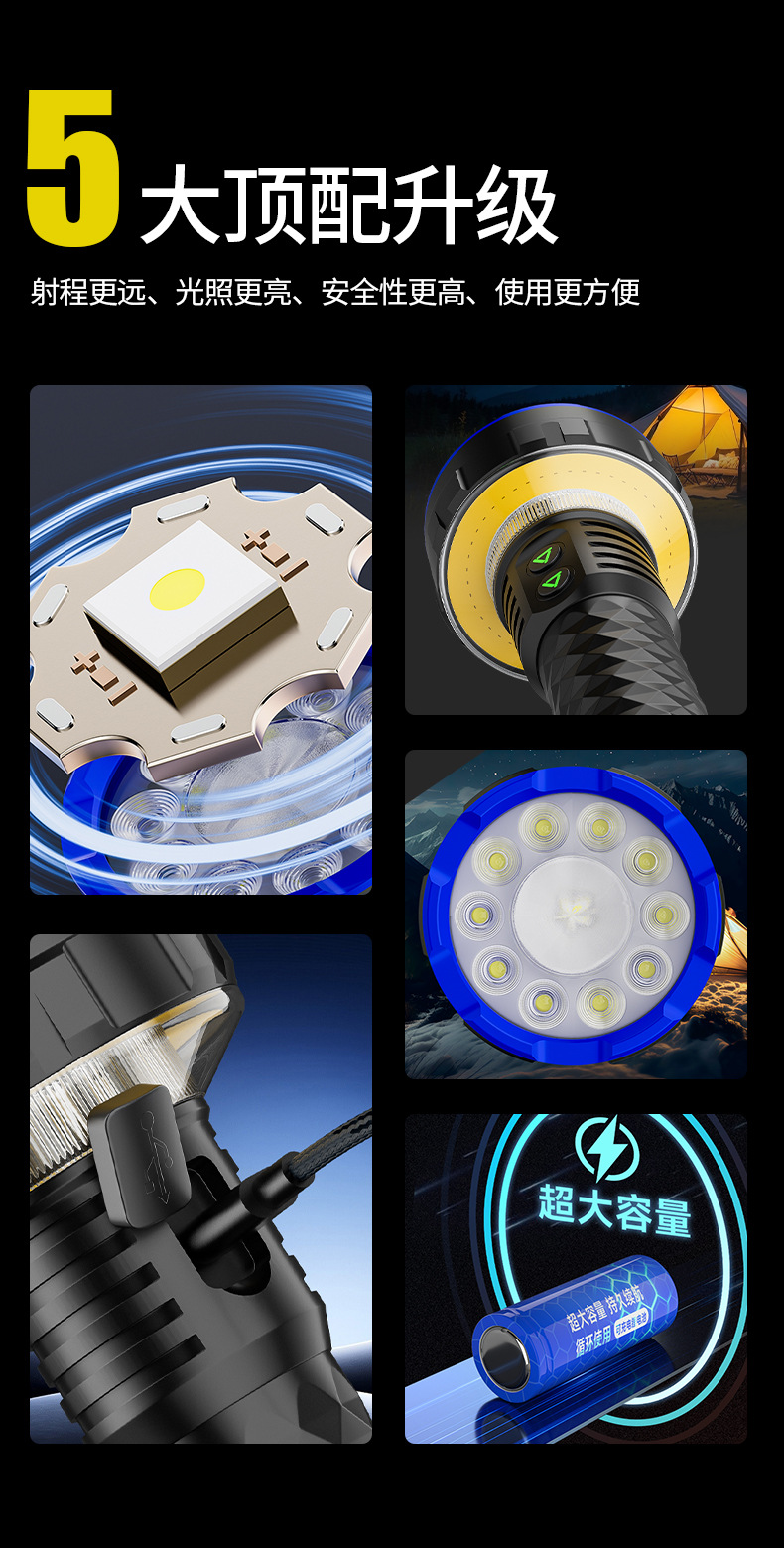 High-brightness rechargeable flashlight, long-lasting, laser-powered, waterproof, outdoor searchlight, long-range, ultra-bright torch