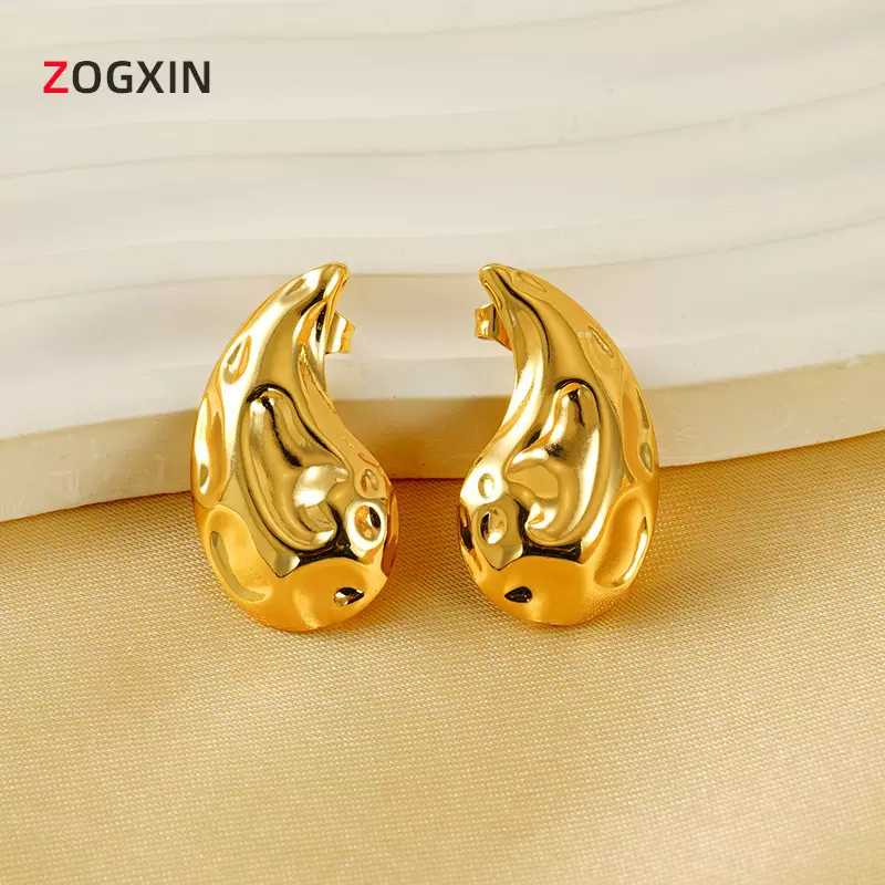 欧美2024新款水滴形锤纹不锈钢耳钉女镀18K金时尚百搭耳环批发