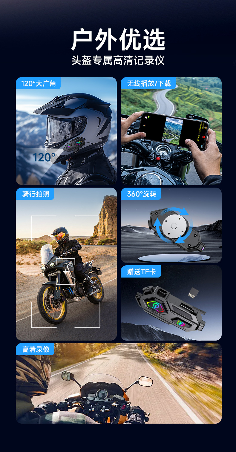 Motorcycle helmet wireless bluetooth headset driving camera recorder APP real-time video double intercom headset