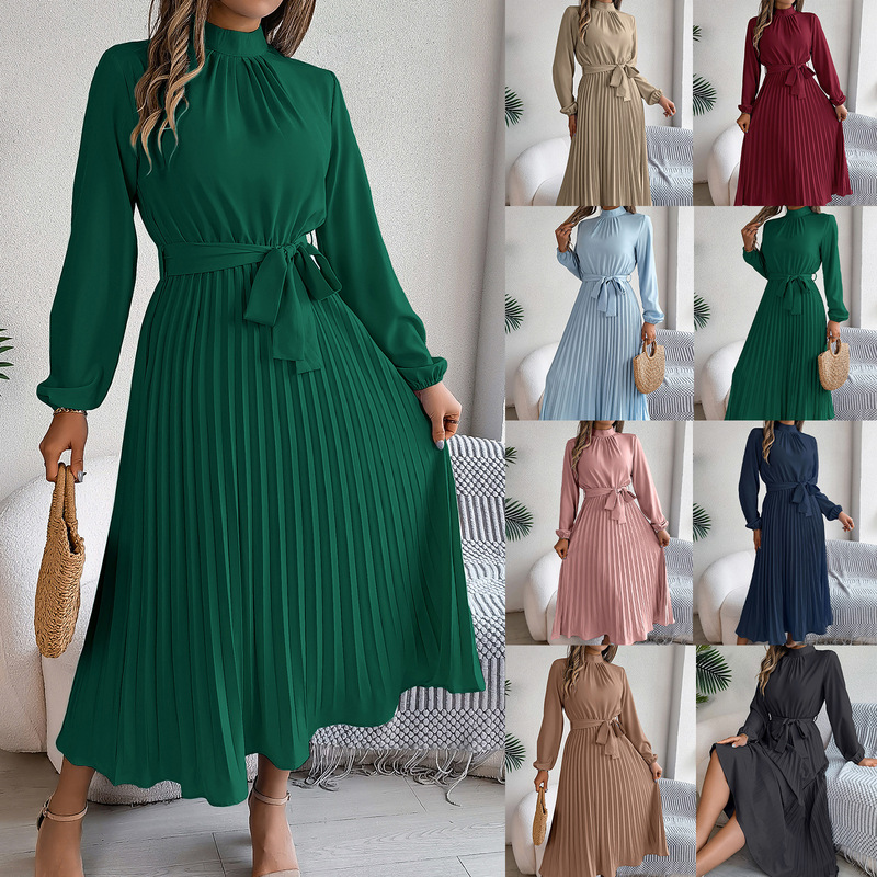 2026 European and American Autumn and Winter Elegant Stand-Collar Long-Sleeve Waist-Cinching Pleated Long Dress Cocktail Dress Amazon Cross-Border Women's Clothing