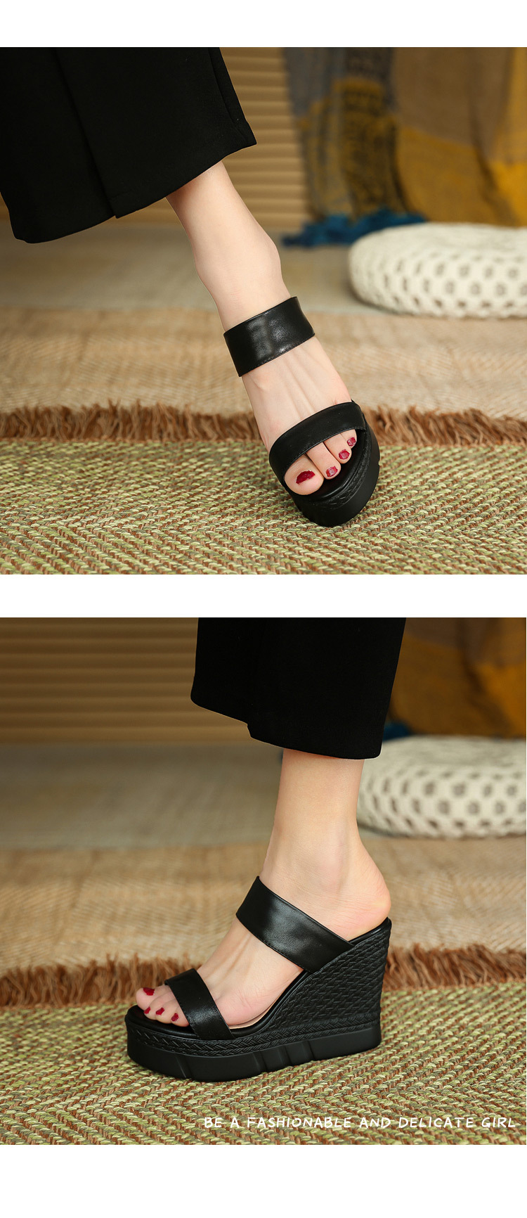 Sandal cao gót nữ hở mũi đế dày 10 cm, phong cách mới mùa xuân hè — đen chi tiết 8