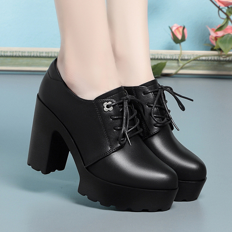 High-rise Slim Lace-up Women's Single-layer Shoes Thick Bottom Deep Mouth Fashionable Middle-aged Mother Shoes Style Small High-heeled Shoes