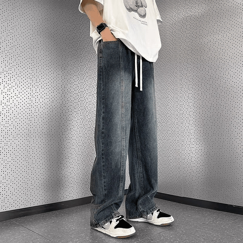 Men's Loose Straight Leg Jeans Style High Street Retro Washed Design Casual Wide Leg Pants Spring Autumn_mkmklike.com