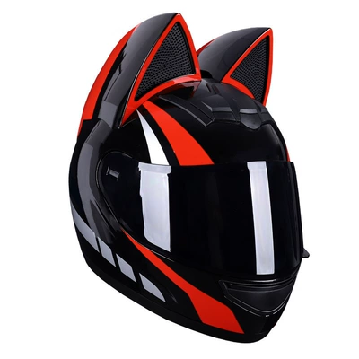 Motosiklet kaskı (dəbilqə) — for Men and Women, Full-Face - black-red-cat-black-lenses-s