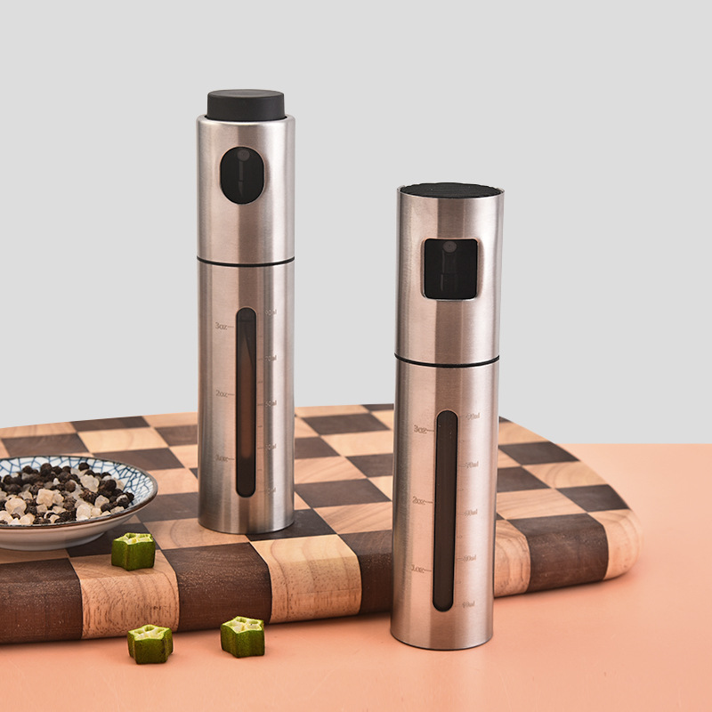 Botella de spray de aceite atomizado tipo empuje integrada de acero inoxidable para el hogar, botella de aceite de oliva, botella de spray de aceite para barbacoa de cocina, venta al por mayor