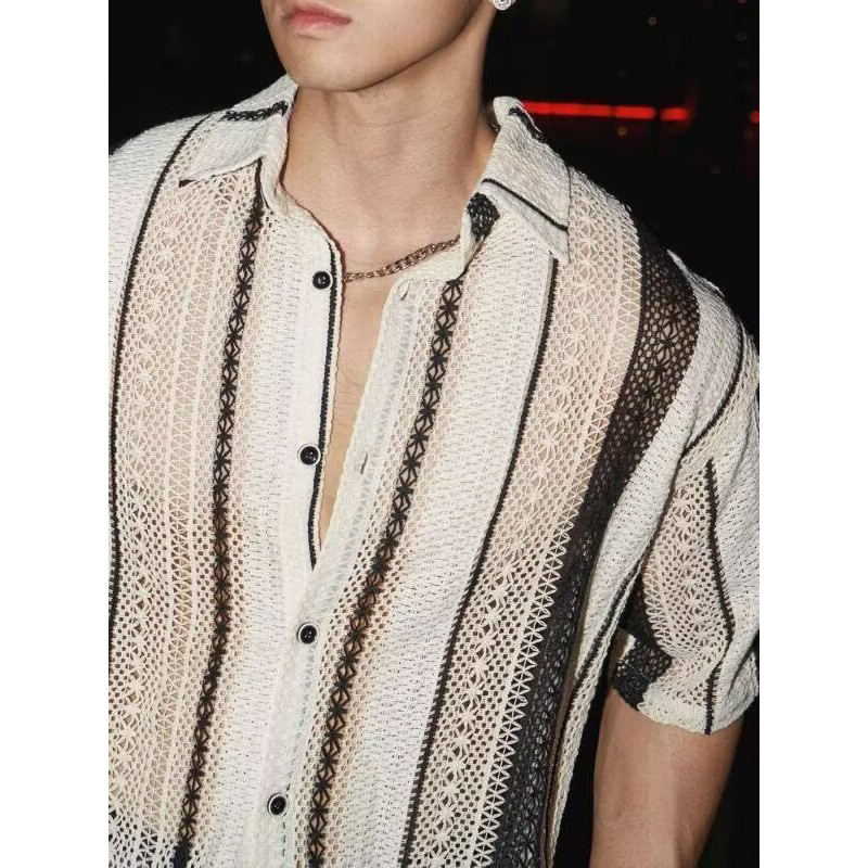 POLO camisa solapa suéter de manga corta cardigan de hombre rayas huecas chaqueta retro camiseta comercio exterior al por mayor transfronterizo de moda