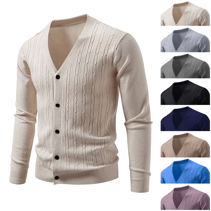 Koreanischer Strickcardigan für Herren – Leichter V-Ausschnitt-Pullover mit Jacquard-Details_voghion.com