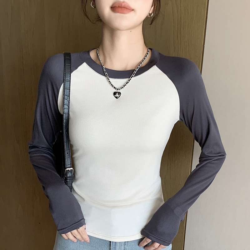 QY806 女性のラグラン Tシャツ女性の長袖黒スプライシングスリムトップ夏のホットガール Tシャツラウンドネックカジュアルウェア|undefined