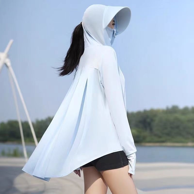 Ropa de protección solar para mujer verano de longitud media 25 nuevo estilo seda de hielo ultravioleta transpirable delgado suelto delantero corto trasero abrigo largo