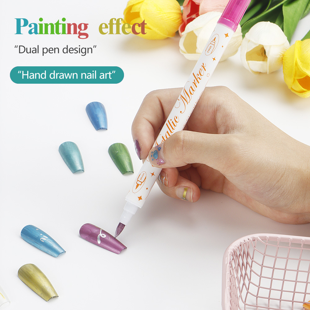 Ventas transfronterizas calientes de doble cabeza de uñas graffiti pluma 12 colores acrílico pintura pluma de pintura de cabeza suave DIY desgaste de nail tracker