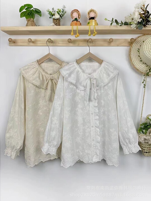 823488 Japanese Style Mori Girl Fully Embroidered Shirt, Loose and Versatile, Age-Reducing, Lace-Up, Doll Collar, Cardigan Shirt