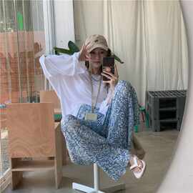 大码女装蓝白花轧染休闲裤子女百褶风格小清新阔腿裤高腰薄款