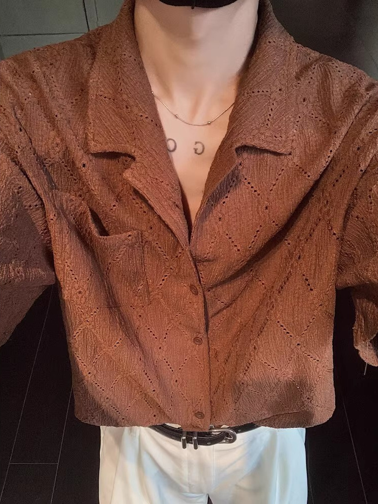 Old Qian Feng brown Hollow Short-sleeved Shirt Men's Summer Breathable Half-sleeved Shirt Cuban Collar Draped Half-sleeved Jacket