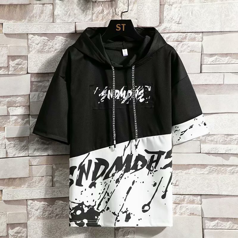 Hooded trend half sleeve daily letter T-shirt new fashion fashion brand exquisite Korean style fashion urban summer men Hooded trend half sleeve daily letter T-shirt new fashion fashion brand exquisite Korean style fashion urban summer men