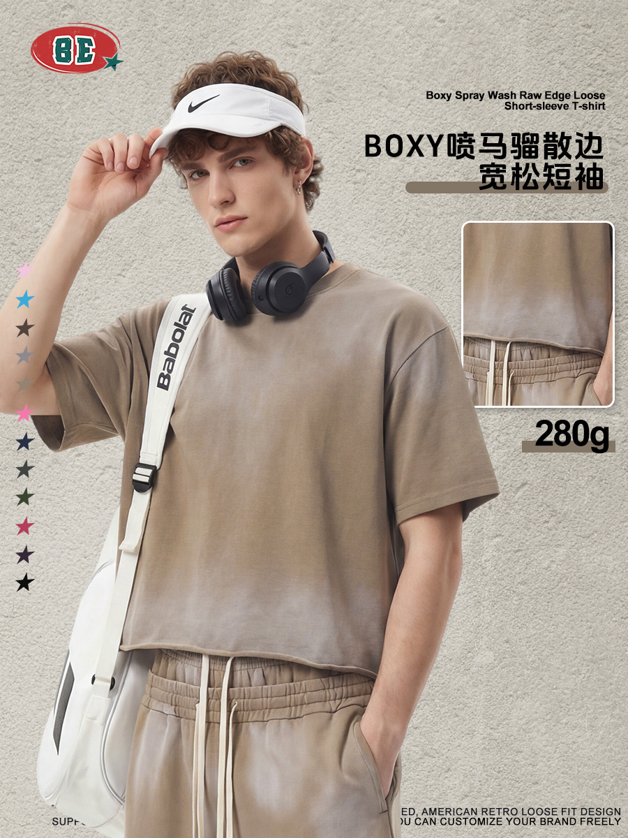 Be Hombres| 2026 verano americano lavado en agua hacer viejo Boxy borda suelta pulverización de caballo camiseta de manga corta suelta camiseta de moda masculina