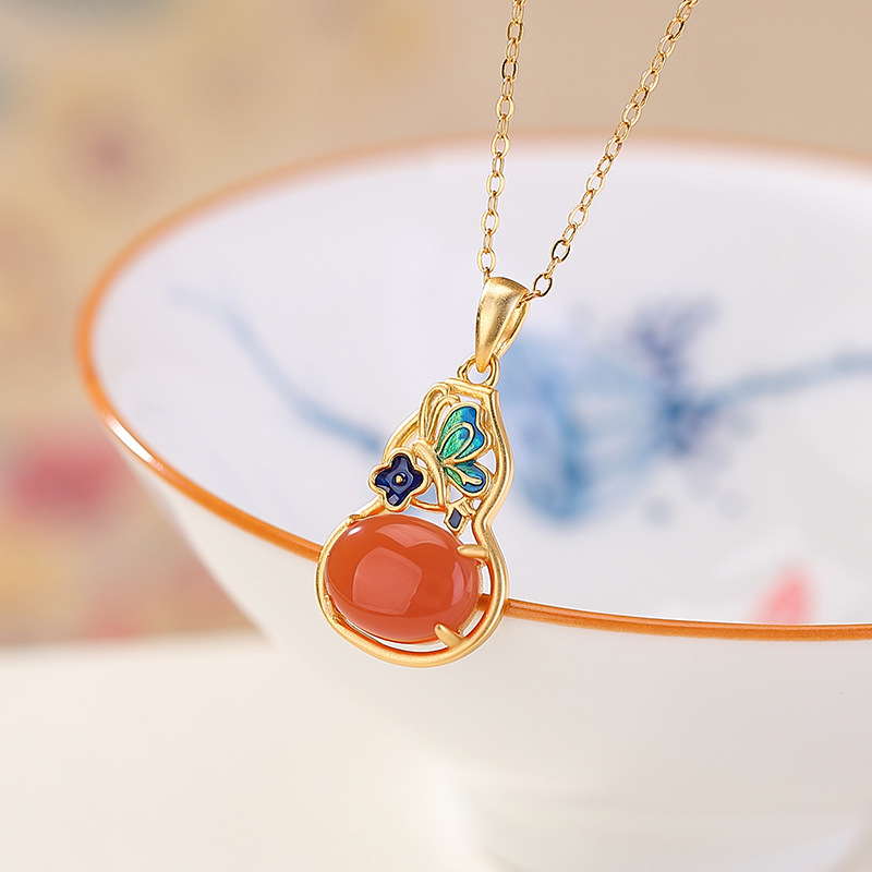 Mặt dây chuyền bạc S925 mạ vàng hình bướm hồ lô đính mã não đỏ và hổ phách — Hồng nước (không kèm dây)
