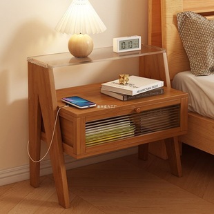 Bedside Table Modern Simple Bed End Storage Small Cabinet Solid Wood Light Luxury Storage Cabinet Bedroom Storage Rack