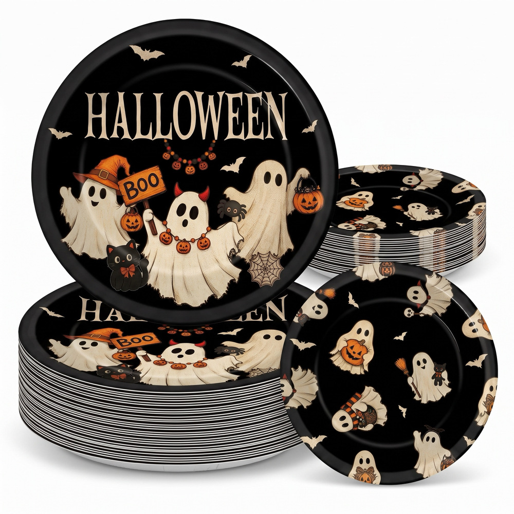 Retro Cartoon Ghost Halloween Dinner Plates Children's Party Disposable Halloween Theme Party Decorative Paper Plates