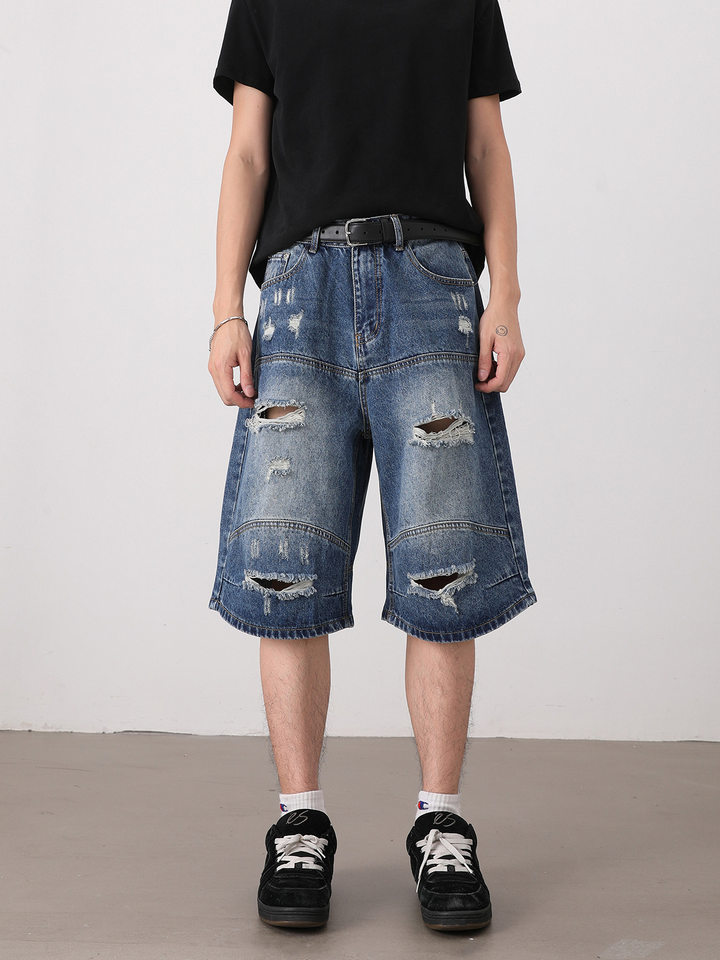 Quần short jean nam dáng rộng phong cách retro, rách giặt mài, lửng ống đứng — Màu xanh dương