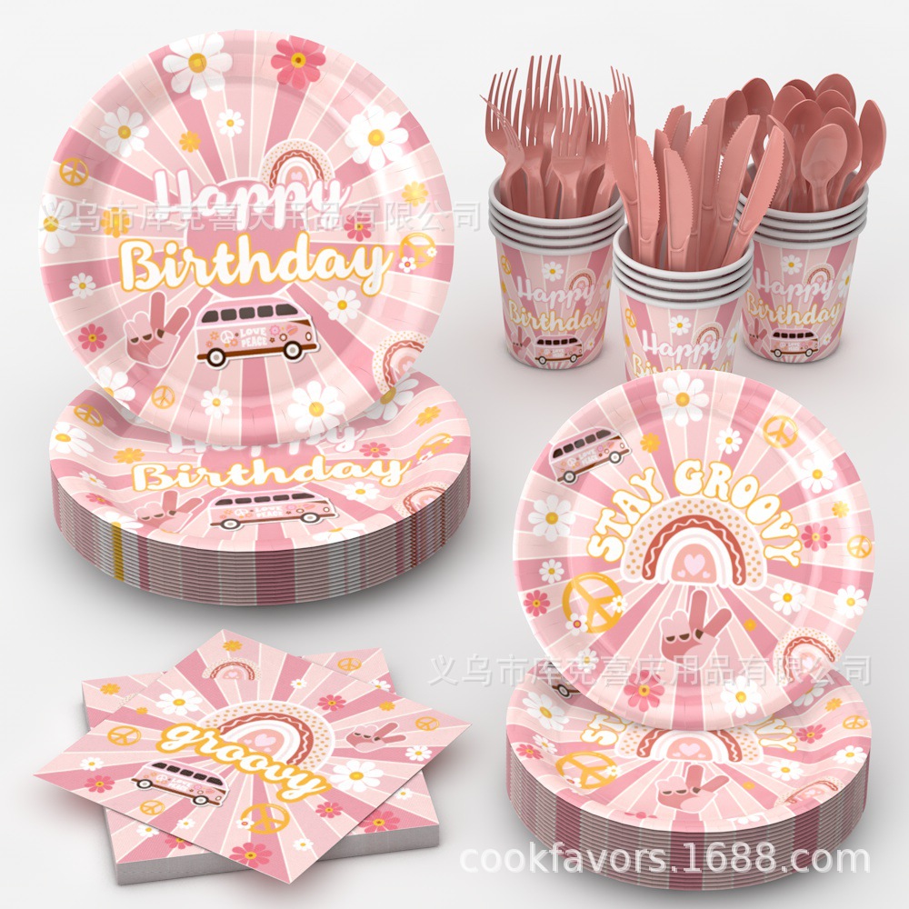 Nueva niña hippie cumpleaños bandeja de papel desechable taza de papel toalla de papel juego de vajilla plato de fiesta bohemia