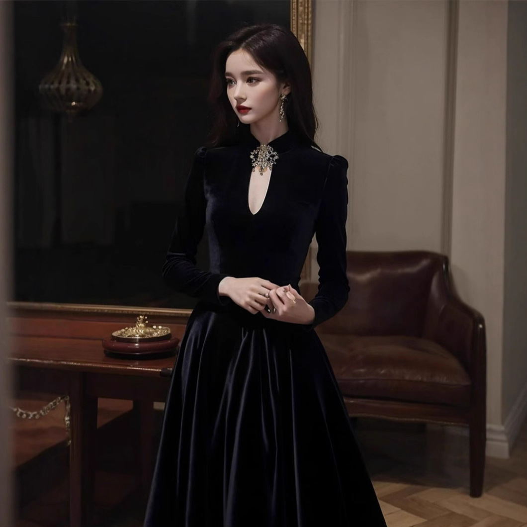 Autumn and Winter New Evening Dress Student Art Exam Host Velvet Long-Sleeved A-Line Dress Birthday Party Photo Dress
